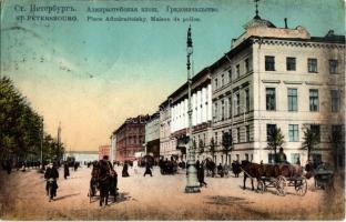 Sankt-Peterburg, Saint Petersburg, St. Petersbourg; Place Admiralteisky, Maison de Police / Police Headquarters, Police Station, street view with tram, bicycle, horse-drawn carriages (fl)