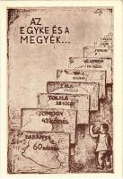 Az egyke és a megyék... A Magyar Szülők Szövetsége nemzetvédelmi mozgalma az egyke ellen / Hungarian irredenta propaganda art postcard for the birth rate increase s: Zartler