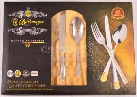 Dekoratív Bachmayer fém evőeszköz készlet, saját dobozában, jó állapotban