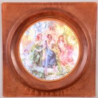 Fábián Rózsa (?- ): Nimfák, porcelán kép bőr foglalatban, matricás, jelzett, d: 19,5 cm (tányér), 30×30 cm (foglalat)