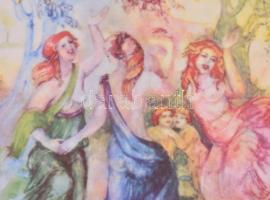 Fábián Rózsa (?- ): Nimfák, porcelán kép bőr foglalatban, matricás, jelzett, d: 19,5 cm (tányér), 30...