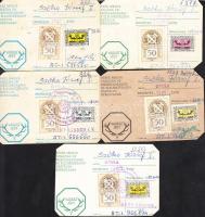 1980-1985 Békéscsaba, vadászati jegyek, okmánybélyegekkel, a sarkokon levágással.