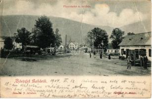 Rahó, Rakhiv (Máramaros); Piac és indóház, vasútállomás. Némethi J. felvétele / market with vendors and railway station (fa)