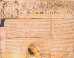 1744 II. György angol király díszes kiállítású oklevele gloucestershire-i birtokügyben, pergamen, töredékes függőpecséttel
