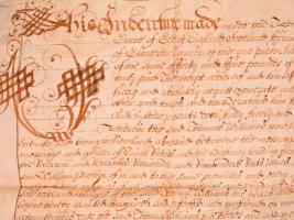 1692 Kétoldali szolgasági szerződés (indenture) gloucestershire-i lakosok között, angol nyelven, per...