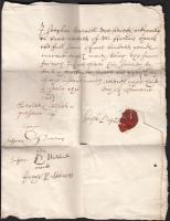 1663 Angol nyelvű elismervény tartozás megfizetéséről, papír, rányomott viaszpecséttel, aláírásokkal