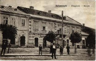 Zalishchyky, Zaleszczyki; Ringplatz / Rynek / street view with shops + 1916 K. k. 21. Landwehr-Infanterie-Truppendivisions-Kommando (EB)
