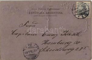 1905 Buenos Aires, street view with market vendors, horse-drawn tram. Gath & Chaves. Emb. frame ...