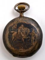 Lovas jelenetekkel díszített niellós duplafedeles ezüst zsebóra, működő szerekezettel, sérült porcel...