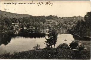 1911 Szováta-fürdő, Baile Sovata; Medve-tó a kilátóval, evezős csónak. Kiadja Dragoman S. J. / Lacul Ursu / lake with rowing boat and lookout tower