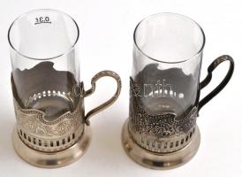 2 db retró szovjet fém pohártartó, üvegbetéttel, d: 7 cm