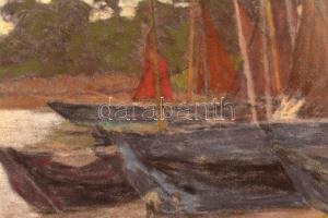 Poll Hugó (1867-1931): Halászcsónakok a parton. Pasztell, papír, jelzett, 25×32 cm