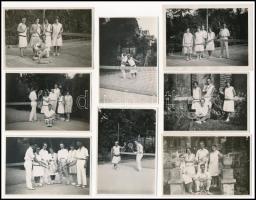 cca 1930 Teniszező társaság felvételei, 5 db vintage negatív + 8 db vintage fotó (részben a negákról készültek), 6x9 cm