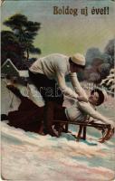 1910 Boldog Újévet! / Winter Sport, New Year greeting card with sledding couple (EB)