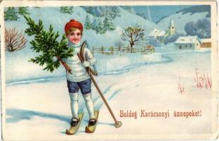 Boldog Karácsonyi Ünnepeket! / Winter Sport, Christmas greeting card with skiing boy (EK)