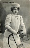 1912 Boldog Újévet! / Winter Sport, New Year greeting card, lady with sled (kis szakadás / small tear)