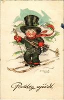 Boldog Újévet! / Winter Sport, New Year greeting card with skiing chimney sweeper, artist signed