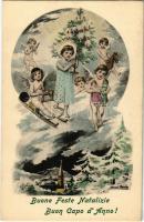 Buone Feste Natalizie, Buon Capodanno! / Winter Sport, Christmas and New Year greeting card with sledding angel. T.S.N. S. 425. No. 4. s: Edmund Brüning