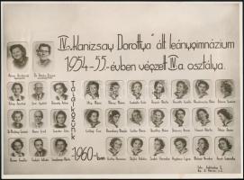1955 Budapest, IV. ker., Dorottya Ált. Leánygimnázium tanárai és végzett növendékei, kistabló nevesített portrékkal, 17x23 cm