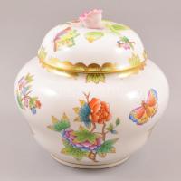 Herendi Viktória mintás fedeles váza, kézzel festett, jelzett, apró kopásnyomokkal, m:15,5 cm