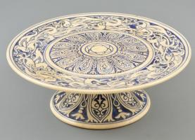 cca 1880 Zsolnay talpas kínáló, plasztikus ornamentikás díszítéssel, kézzel festett mázas porcelánfajansz, jelzett (mélynyomás), formaszám: 505, m:8 cm, d:21 cm