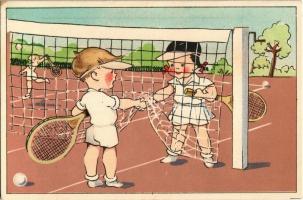 Teniszező gyerekek a teniszpályán. Képzőművészeti Alap / Tennis playing children on the tennis court