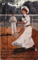 Tennis players on the tennis court. Raphael Tuck & Sons Oilette Serie Tennisspieler No. 280 B. s: Hans Leiter (EK)