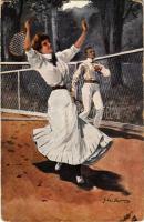 Tennis players on the tennis court. Raphael Tuck & Sons Oilette Serie Tennisspieler No. 280 B. s: Hans Leiter (worn corners)