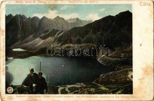 Tátra, Magas Tátra, Vysoké Tatry; Vadorzó hágói részlet, kilátás a Hinckó tavakhoz, Bástya és Koprova csúcs. Kiadja Feitzinger Ede 1902/12. / Das Wildererjoch, Aussicht zu den Hinzen Seen / Mengusovské sedlo, Malé Hincovo pleso, Basta, Koprovsky Stít / lake, mountain pass and peaks (EB)