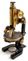 cca 1900 G. Reichert mikroszkóp, hiányos, eredeti fa dobozában (kulcs nélkül), magyar kézzel írt nagyítási mutatóval, korának megfelelő állapotban, m: 31 cm / G. Reichert microscope, deficient, in wooden box, without key