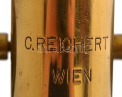 cca 1900 G. Reichert mikroszkóp, hiányos, eredeti fa dobozában (kulcs nélkül), magyar kézzel írt nag...