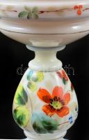 Kézzel festett üveg petróleumlámpa, burával, apró kopásnyomokkal, rozsdás fém szerelékkel, jelzett (...