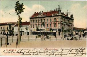 1913 Komárom, Komárno; Ferenc József rakpart, piaci árusok, üzletek. Kiadja Schönwald Tivadar / quay, market vendors, shops (fa)