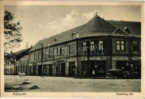 1942 Kapuvár, Esterházy tér, automobil, vaj és sajtüzlet, Strauber L, Lőwy Lajos könyv és papírkereskedése, Mileder Ferenc és Spiegel üzlete, Rosta Kálmán cukrászdája