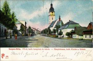 1912 Szepesbéla, Spisská Belá; Hauptstrasse, kath. Kirche u. Schule / Fő utca, Római katolikus templom és iskola. Kiadja Feitzinger Ede 1904/14. A. J. 698. / main street, Catholic church and school (szakadás / tear)