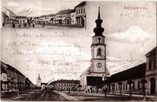 1905 Miava, Myjava; Fő utca, Evangélikus templom, üzletek / main street, Lutheran church, shops (fa)