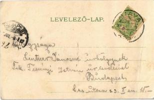 1905 Miava, Myjava; Fő utca, Evangélikus templom, üzletek / main street, Lutheran church, shops (fa)