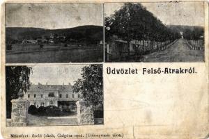 1902 Felsőatrak, Horné Otrokovce; látkép, utcakép, kastély. Kiadja Szold Jakab Műintézete Galgócon / general view, street view, castle (szakadás / tear)