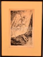 Szőnyi István (1894-1928): Illés elragadtatása. Rézkarc, papír, jelzett, üvegezett keretben, 27×17 cm
