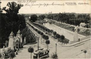1915 Temesvár, Timisoara; Gyárváros, liget bejárata, villamos, híd / Fabrica, tram, bridge, entry gate to the park + K.D. Feldpostexp. Oberkommandos der 11. Armee