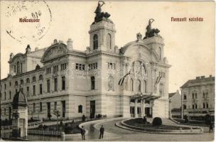 1910 Kolozsvár, Cluj; Nemzeti színház, hirdetőoszlop. Sámuel S. Sándor üzlete / theatre, advertising column