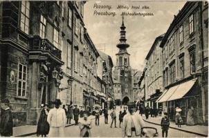 1911 Pozsony, Pressburg, Bratislava; Mihály kapu utca, üzletek. Kiadja Kaufmann / Michaelertorgasse / street view with shops (szakadás / tear)