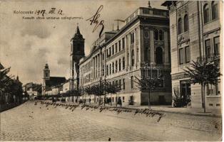 1907 Kolozsvár, Cluj; Kossuth utca unitárius kollégium, Kövendy üzlete / street view, boarding school, shop (EK)