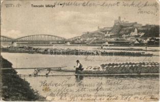 1905 Trencsén, Trencín; vár, faúsztatás tutajokon, híd. Kiadja Gansel Lipót / Trenciansky hrad / castle, bridge, timber transport with rafts (kis szakadás / small tear)