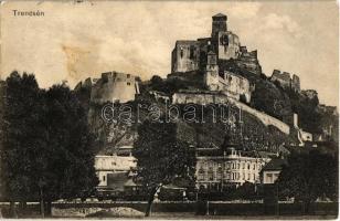 1912 Trencsén, Trencín; vár, gőzmozdony, vagonok. Kiadja Gansel Lipót / Trenciansky hrad / castle, locomotive, wagons (fl)