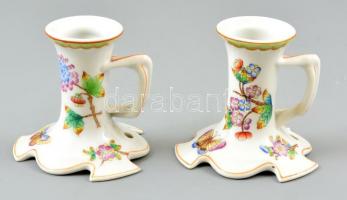 Herendi Viktória mintás sétagyertyatartó pár (2db), kézzel festett, jelzett, apró kopásnyomokkal, m: 9 cm (2×)