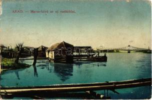 1917 Arad, Maros folyó az új vashíddal, hajómalom / Mures riverside with boat mills (ship mills) and the new bridge (Rb)