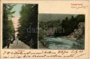 1907 Tusnádfürdő, Baile Tusnad; Főkúti-út, Lyukas kő. Dragomán cég kiadása / road, river