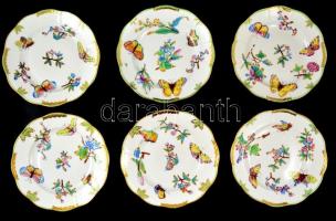 Herendi Viktória mintás antik süteményes tányérok ( 6db), kézzel festett, jelzett (koronás), kopásnyomokkal, d: 20,5 cm (6×)