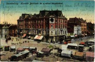 1916 Szombathely, Horváth Boldizsár tér a városi bérpalotával, piaci árusok, üzletek, villamos (apró lyuk / tiny hole)